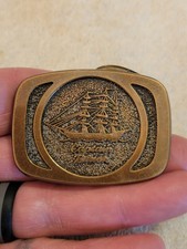 Vintage Solid Brass Captain Black Pirate Ship Pipe Tobacco USA Belt Buckle