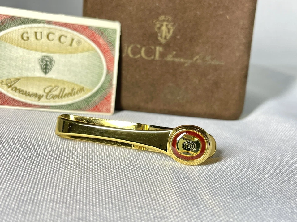 Auth [beautiful] Gucci Tie Clip Interlocking GG Logo Pin Bar Gold & Red - Image 4 of 4