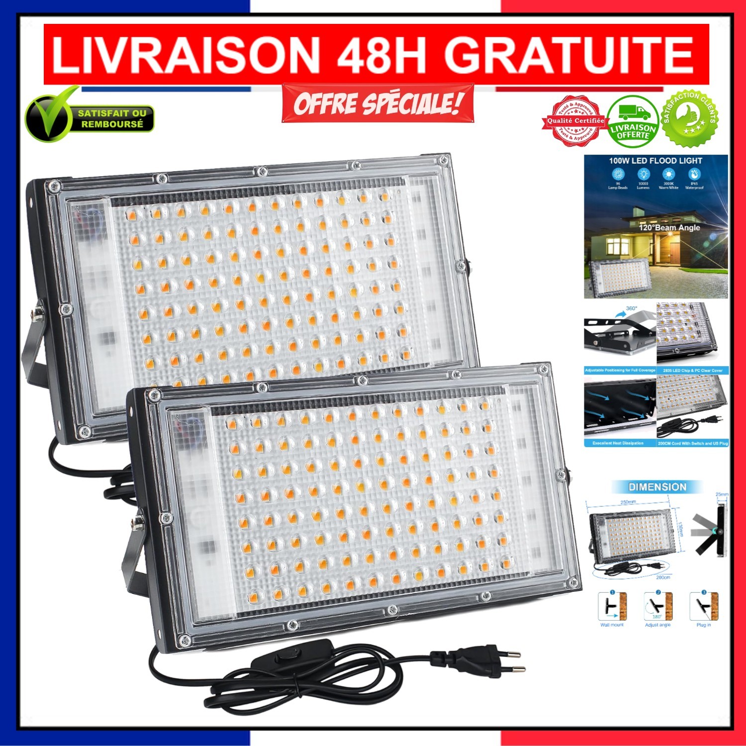 Éclairage de Sécurité Extérieur 100W 10000LM - Projecteur LED Étanche IP66