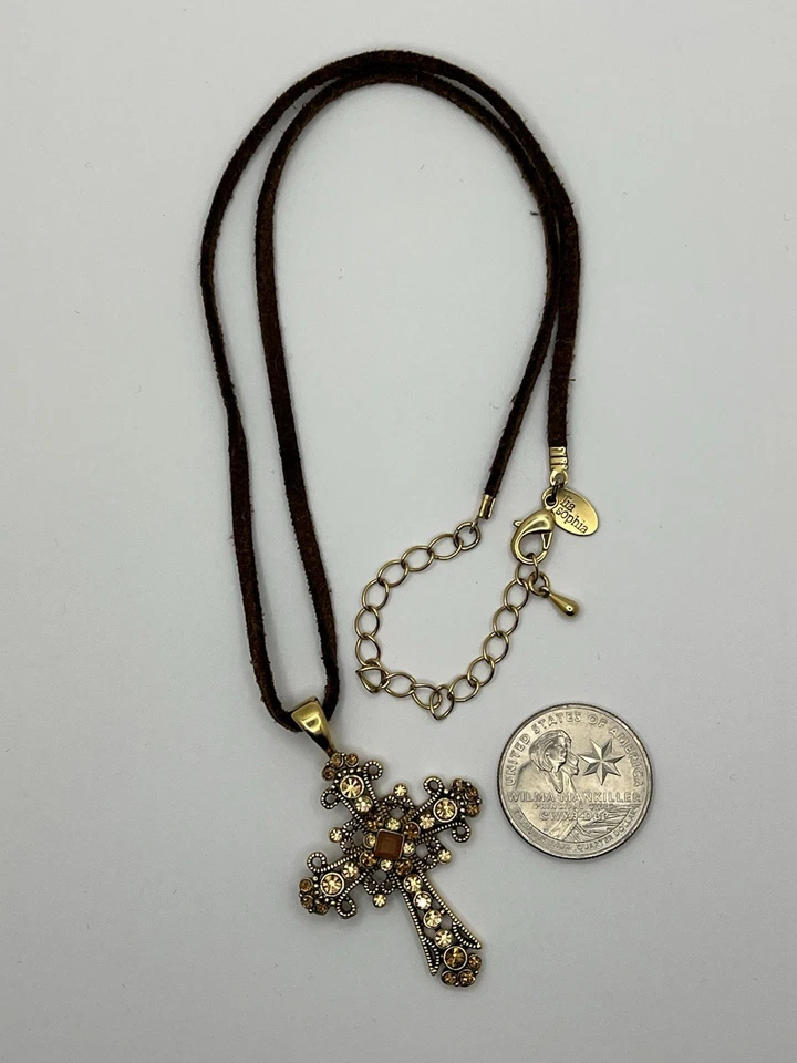 Lia Sophia Cross Crystal Rhinestone Pendant With Brown Leather Cord Necklace - Image 4 of 4