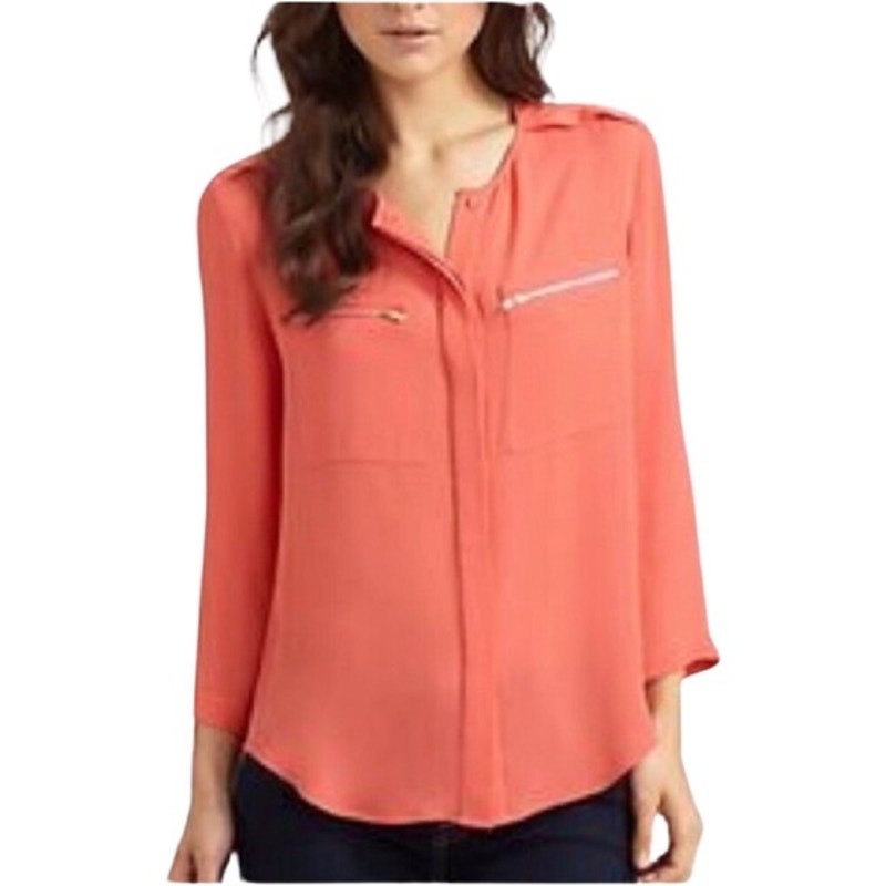 Theory Shirt Womens Medium Peach 100% Silk Henley Button Career Business Work