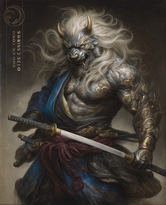Japanese Oni Warrior Male Katana Portrait Japanese Art Print - 672364170