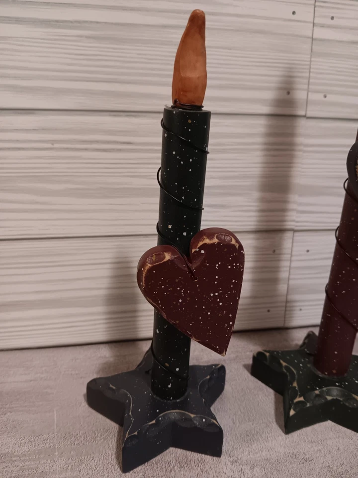 Set rustic primitive Handmade folk art Wooden Taper Candles Star Base 7" 9" 11"H - Image 2 of 4