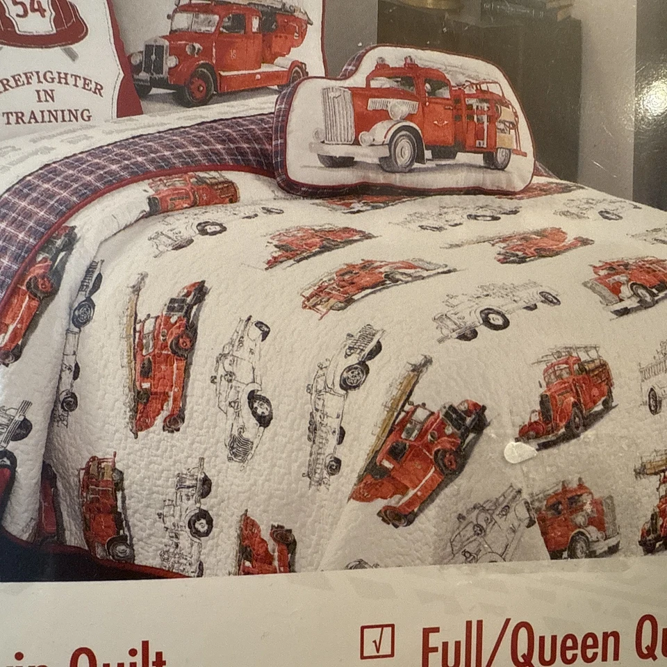 RED TRUCK Niños Reversible Blanco Rojo Azul Camión de Bomberos Edredón a Cuadros - Completo/Reina Nuevo Foto 3 de 4