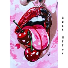 ACEO Original Lady Face RED Lips Fruit Anime Acrylic mini Pop Art Painting NEW