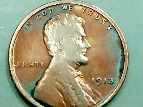 1913 us copper penny - 3.0 gr. - rb- good rim & stamp -circulated -colorful tone