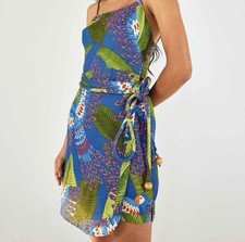 Farm Rio Women's Blue Tropical Floral 100% Linen Halter Dress Sz M