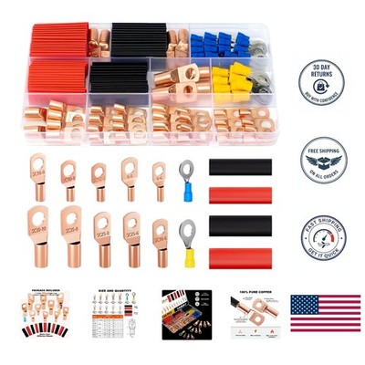 130PCS Copper Wire Lugs Assortment with 70 Battery Ends & 60 Heat Shrink Tubes