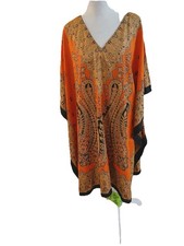 Boho Kaftan Dress Orange Paisley Tunic Loose Fit One Size Beach Cover Up