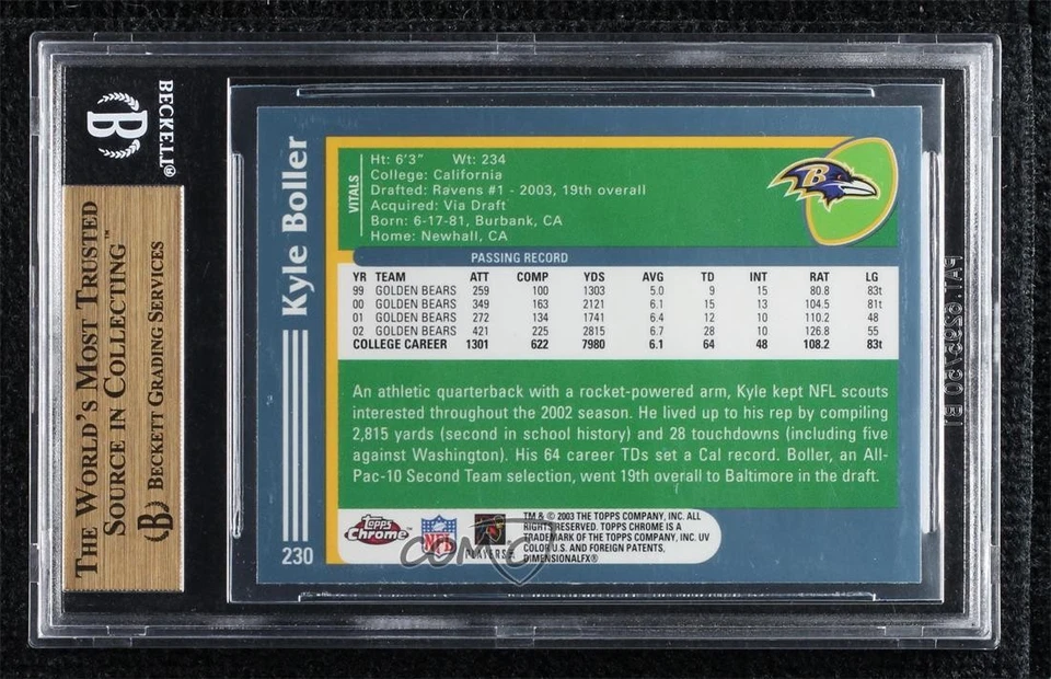 2003 Topps Chrome Rookie Kyle Boller #230 BGS 9.5 GEM MINT Rookie RC - Image 2 of 2