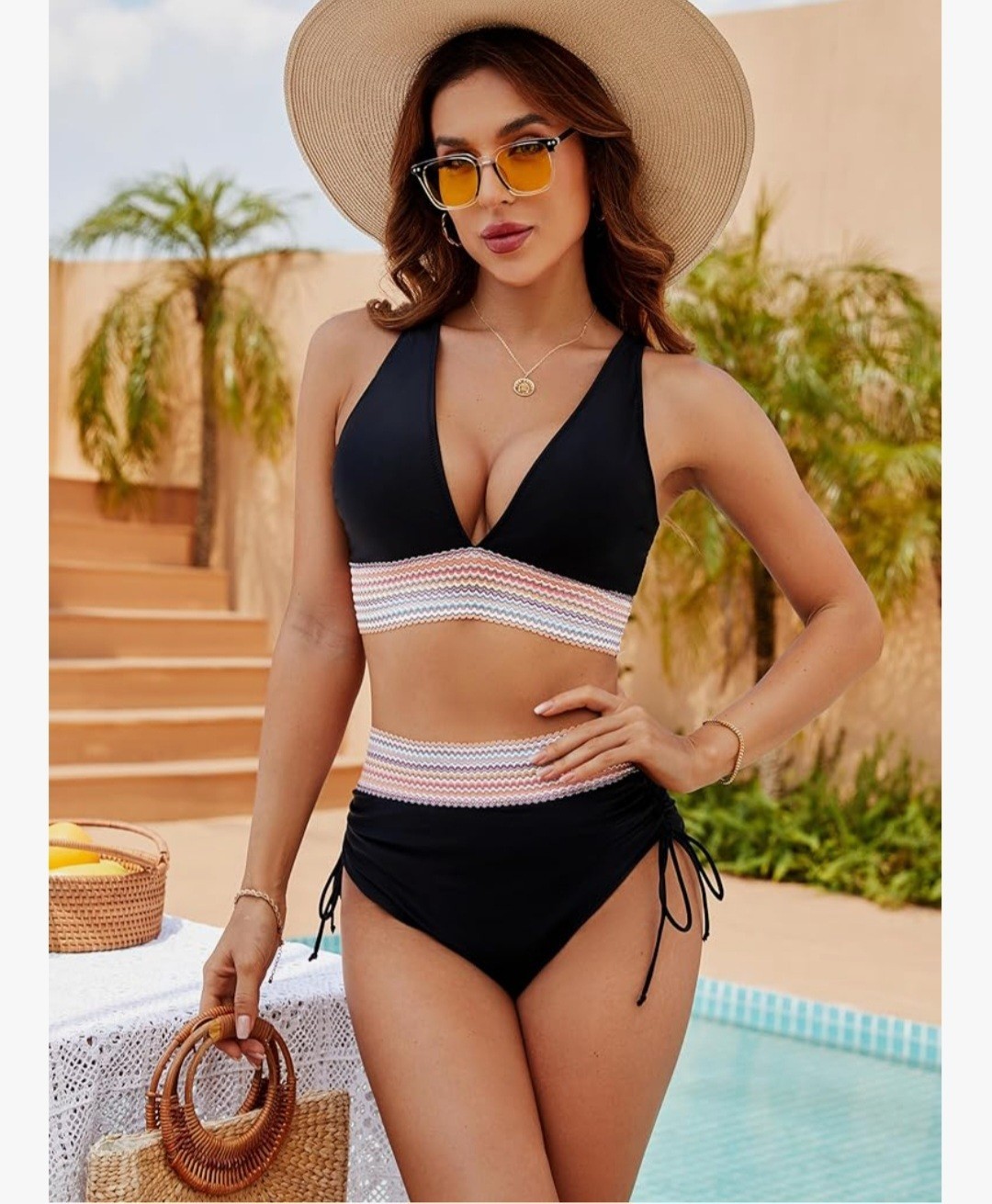 High Waisted Tummy Control Black Bikini Set for Women Size L