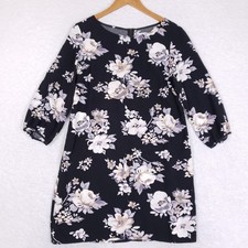 Old Navy Floral Shift Dress Womens Medium Black Rayon 3/4 Sleeve Casual