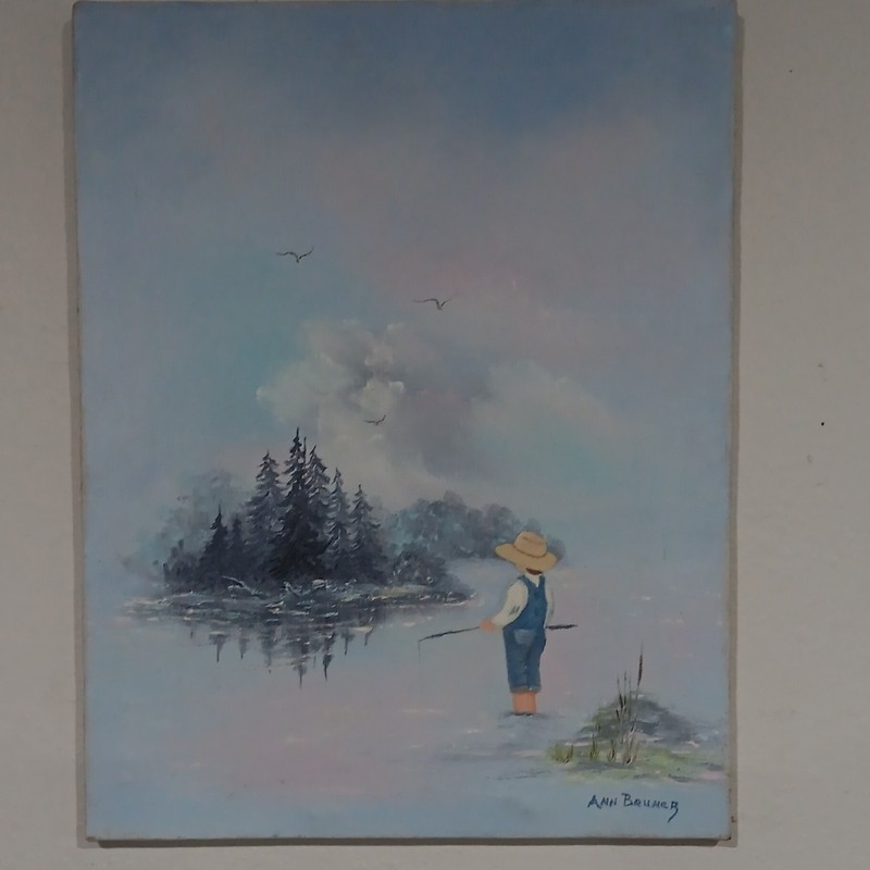 Ann Bruner Signed 1991 Framed Original Canvas Painting Boy Fishing Lake