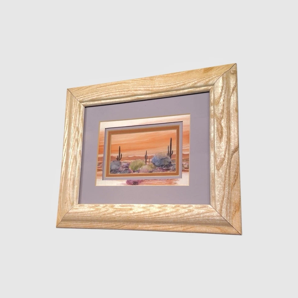 Pintura de paisaje del desierto enmarcada de colección arte con marco de madera de cactus del suroeste Foto 4 de 4
