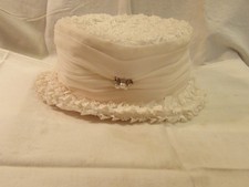 Womens Vintage Ivory Straw Ribbon Hat with Ribbon and Pearl Brooch Accent