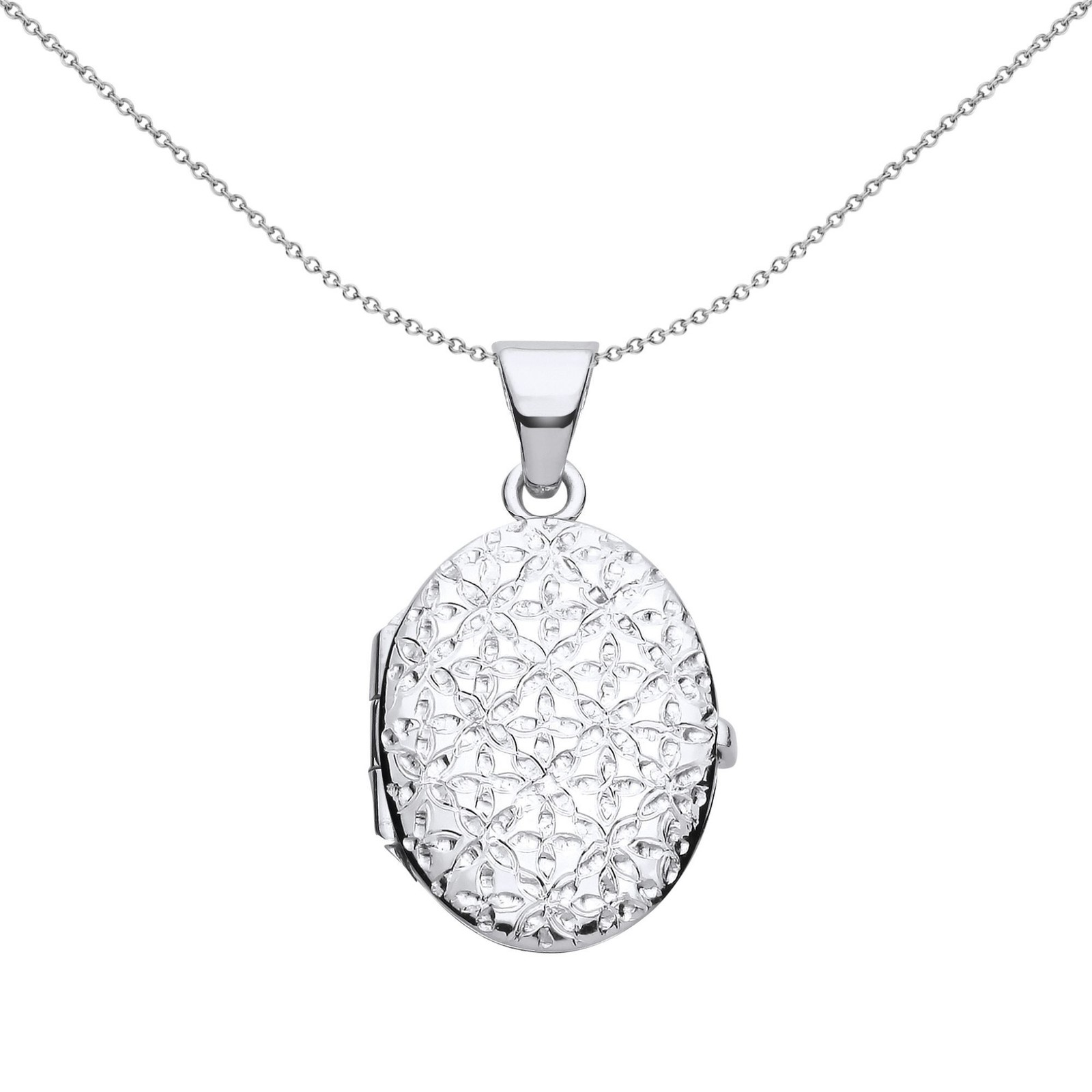 Silver Jewelco London Engraved Helix Butterfly Quilt Oval Locket Necklace