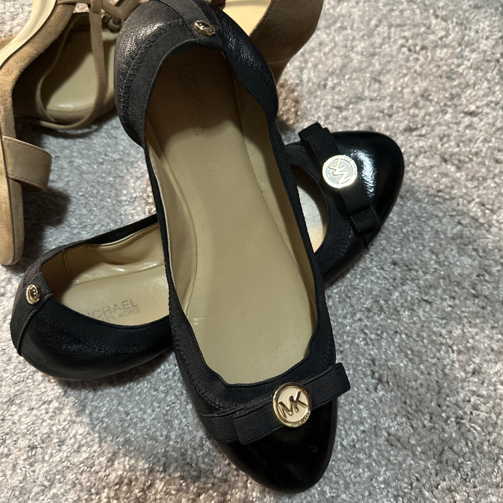 Michael Kors Dixie Black Bow Ballet Flats with Gold Logo Women’s Size 7.5M