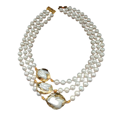 18''-21'' 3 Strands White Pearl 24 K Gold Plated Keshi Pearl Necklace