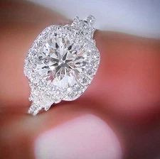  Fine 1.60Ct Halo Round Cut Diamond Half Moon 3-Stone Engagement Ring G,VS2 GIA 