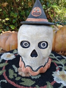 Bethany Lowe Halloween Paper Mache  SKULL Witches Hat Container ~Vintage Style
