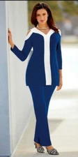 Size 2X PLUS Midnight Velvet Cold Shoulder Knit Blue White Church Pant Suit Set
