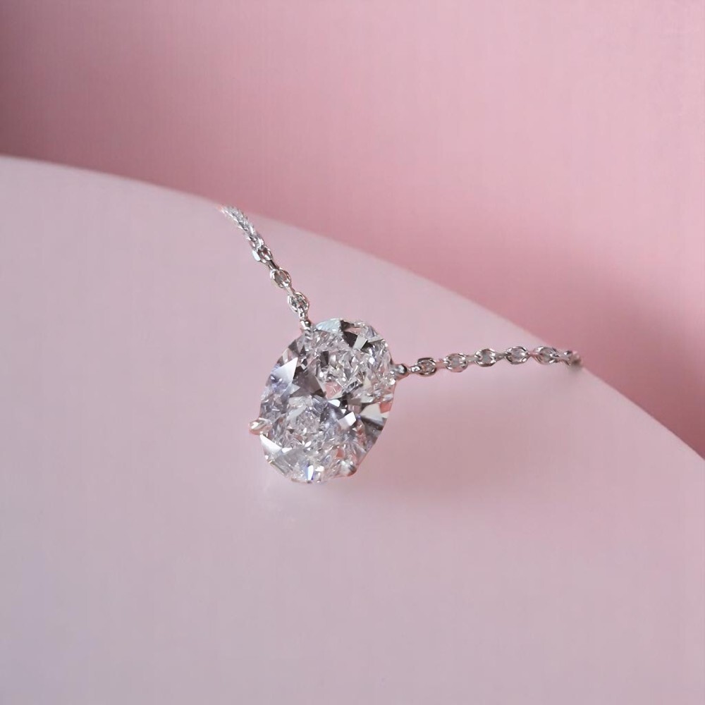 Diamond Necklace Women Pendant Oval 3 Carat IGI Lab Grown 18 Inch 14k White Gold