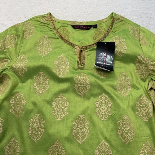 Rangmanch Damen Kurta Tunika Cover Up Top Gr. Small S grün gold geteilter Saum - Bild 2 von 10