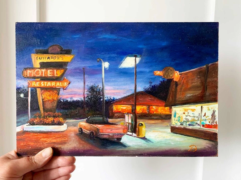 Оригинальная картина маслом городской пейзаж винтажное американское искусство ретро придорожная сцена - Изображение 2 из 4