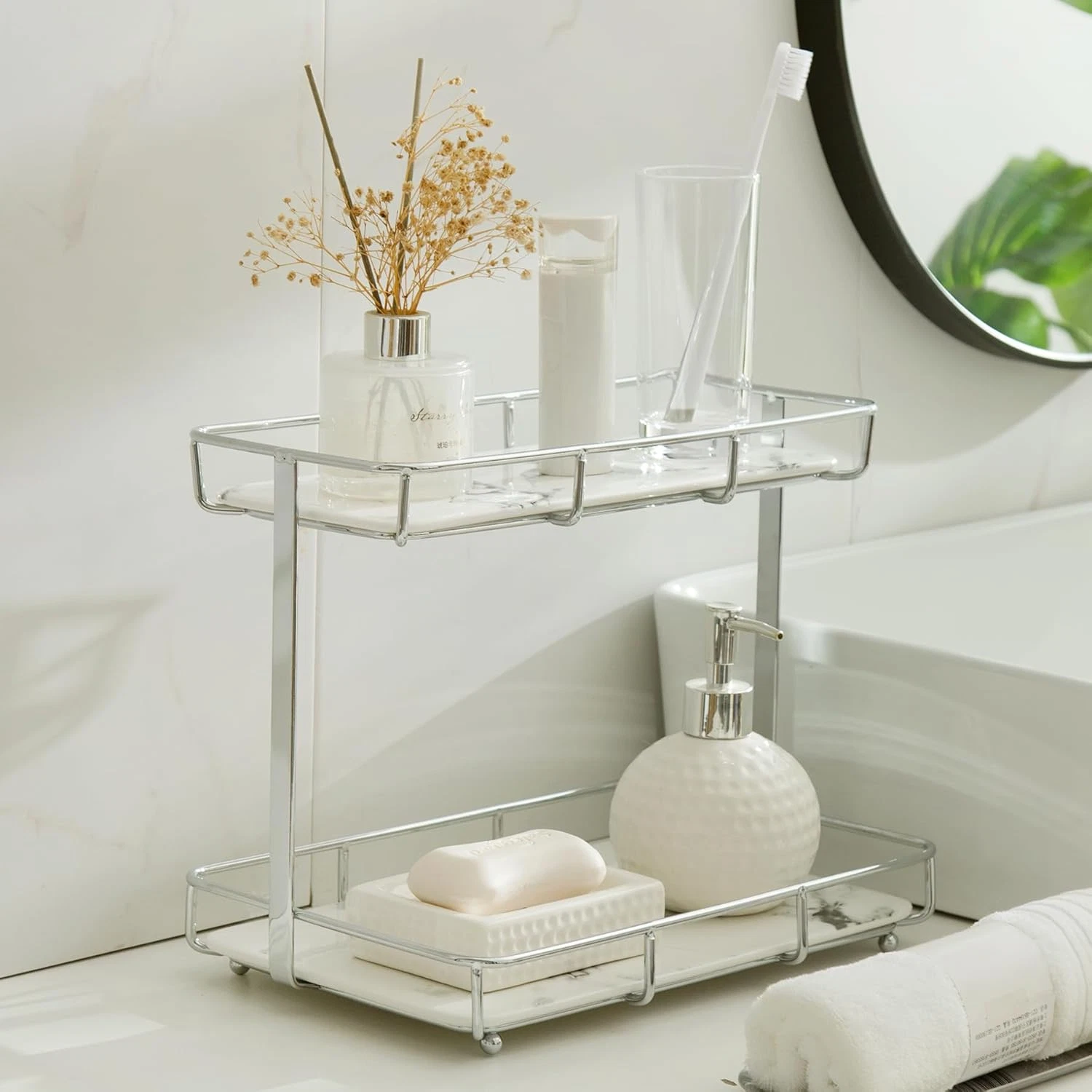 2-Tier Bathroom Organizer Cosmetics Display Rack Marble Print Ceramic Tray