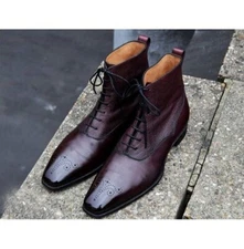 New Handmade Burgundy Brogue Leather Formal Lace Up Dress Boots For Men