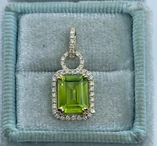 3Ct Emerald Cut Lab Created Peridot Halo Pendant 14K Yellow Gold Plated Silver - Picture 3 of 5
