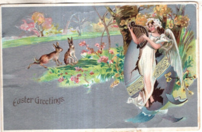 ANTIQUE EASTER Postcard      ANGEL IN EGG SHELL, TWO BUNNIES, FLOWERS
