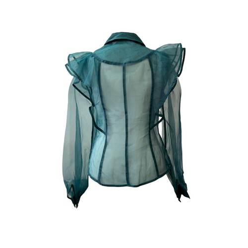 Karen Millen Green Sheer Ruffle Collared Preppy Blouse - Size UK 10 - Picture 3 of 6