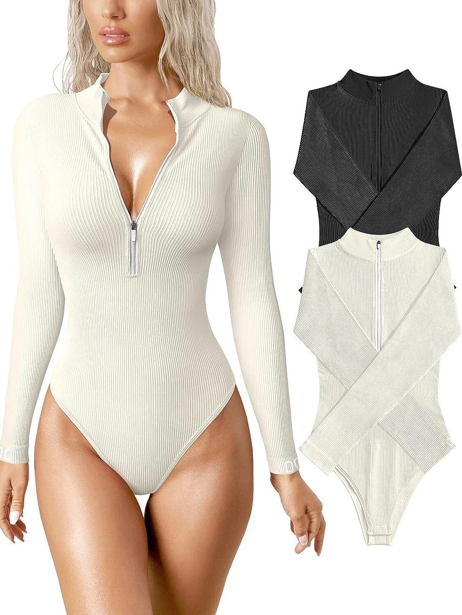  OQQ Bodysuits for Women 2 Piece Sexy Ribbed Long Sleeve Tummy  Control Tops Bodysuits Black Beige : Clothing, Shoes & Jewelry