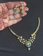 Gold Tone Jewelry Set Necklace Earrings Multicolor Round Stones