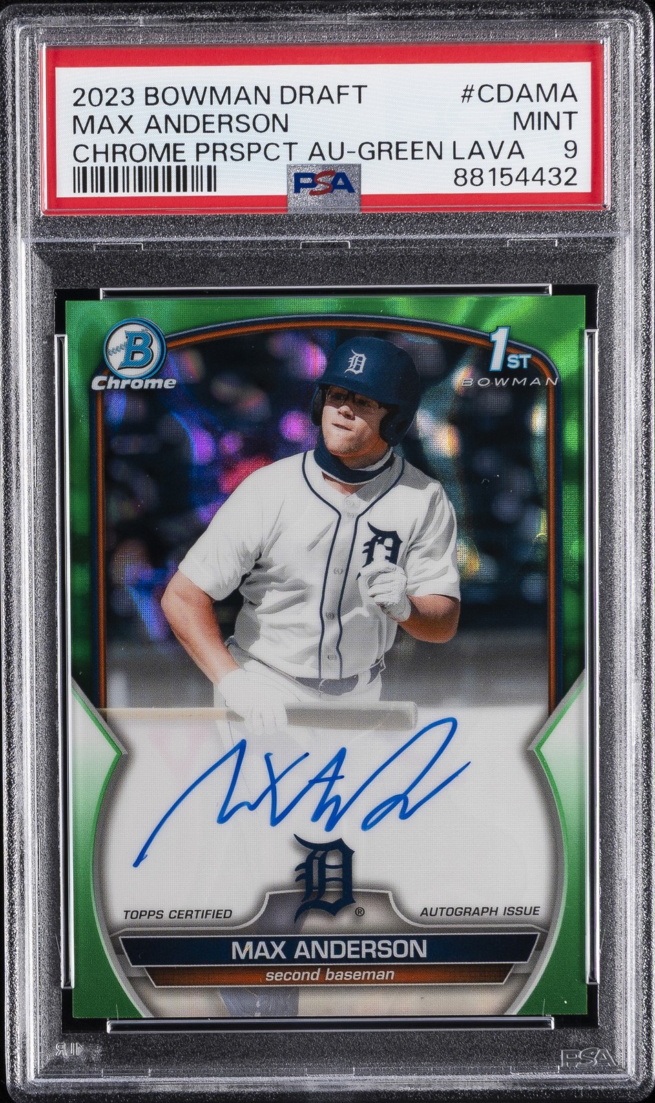 2023 BOWMAN DRAFT CHROME PRSPCT AUTO GREEN LAVA #CDAMA MAX ANDERSON 99/99 PSA 9