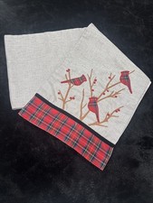 Christmas Table Runner Shiny Silver Embroidered Berries  Cardinal Plaid 70  x12