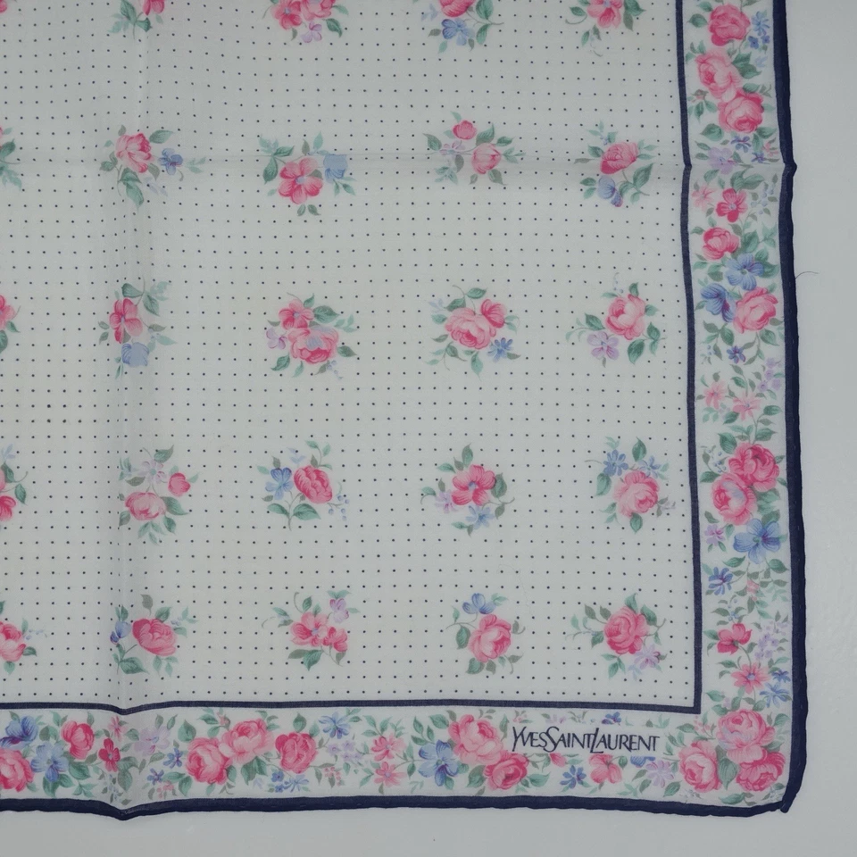 HK42- YSL Yves Saint Laurent Blanco Flor Rosa Pañuelo Algodón Bufanda 16"x16" Foto 4 de 4