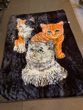 Vintage Heavy Reversible Plush Blanket Soft Fleece 59" X 85" Cats KITTY DREAMS