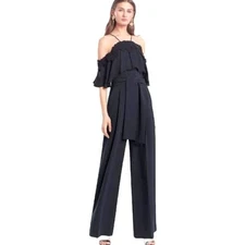 Josie Natori Jumpsuit Size 2 Womens Core Crepe Ruffled Lace Wide Leg Black