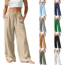 Womens Linen Trousers Boho Flowy Drawstring Elastic Waist Wide Leg Palazzo Pants