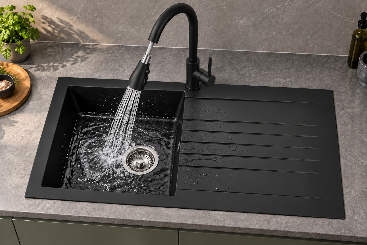 Liquida KAVL860BL 1 Bowl Composite Black Kitchen Sink And KPO11MB Black Tap
