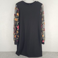 Black Mesh Floral Embroidered Sheer Sleeve Textured Tunic Dress Womens Large