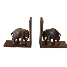 Pair of Vintage Hand Carved Wood Elephant Bookends Burlwood Heavy 9” Tall