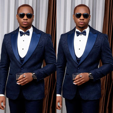Prom Paisley Men's Suit Navy Blue Formal 3Pcs Wedding Banquet Jacket Pants