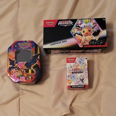 Pokémon Empty TCG Prismatic Evolutions Surprise Box ,Booster and EX Tin.