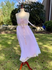 1970s Sheer Pink Nylon Nightgown with Floral Lace Appliqu  Bodice  Double Layer