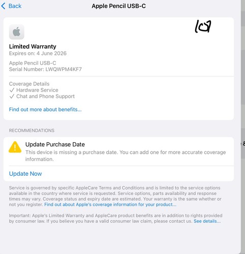 Apple Pencil USB-C iPad Pro 13" 12.9" 11" Air Mini- Apple wty expires 04/06/2026 - Afbeelding 5 van 5