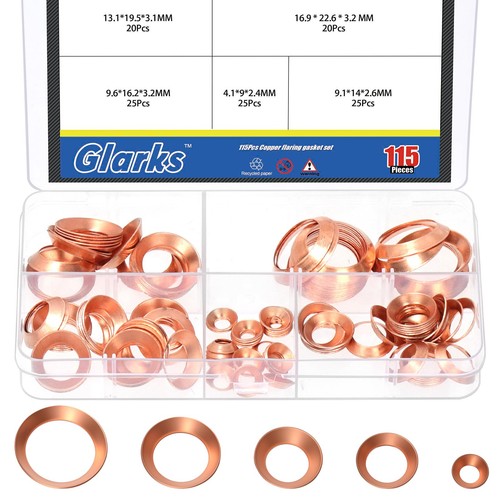 Glarks 115pcs Copper Flare Gasket Kit, 45 Degree Copper Flare Fitting, Fit fo...