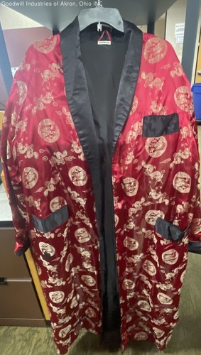 Vintage 90s Men's Red Gold Dragon Brocade Chinese Robe Kimono Housecoat Sz XL